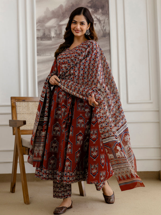 Maroon Pure Cotton Ajrakh Block Print Paper Mirror Work Anarkali Kurta Pant with Dupatta Set For Women