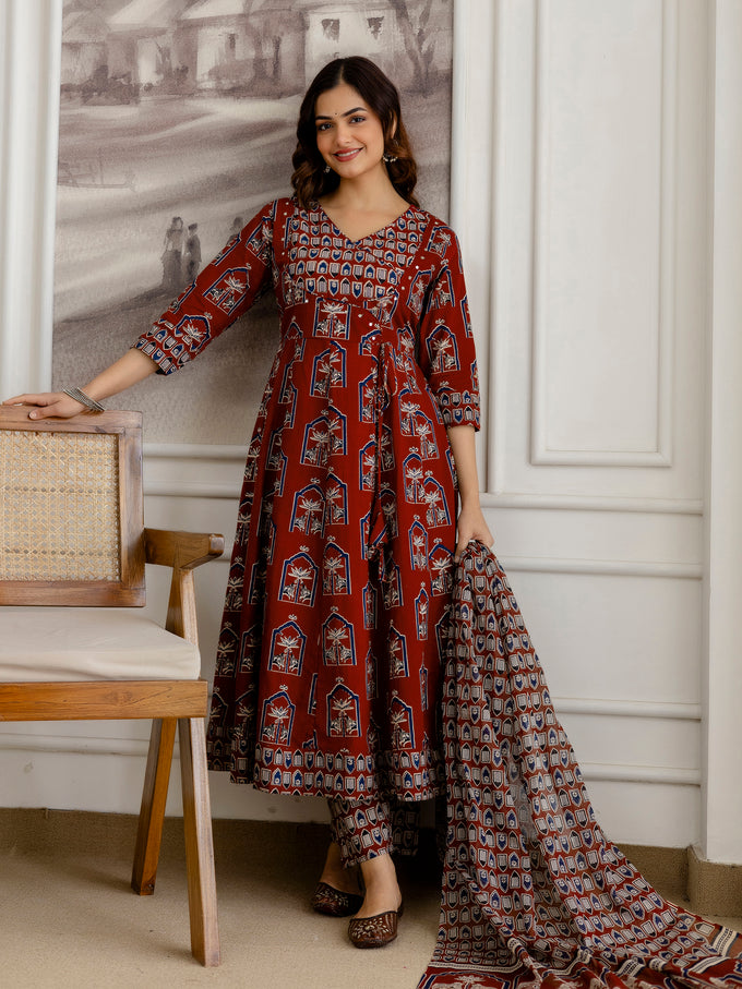 Maroon Pure Cotton Ajrakh Block Print Paper Mirror Work Anarkali Kurta Pant with Dupatta Set For Women