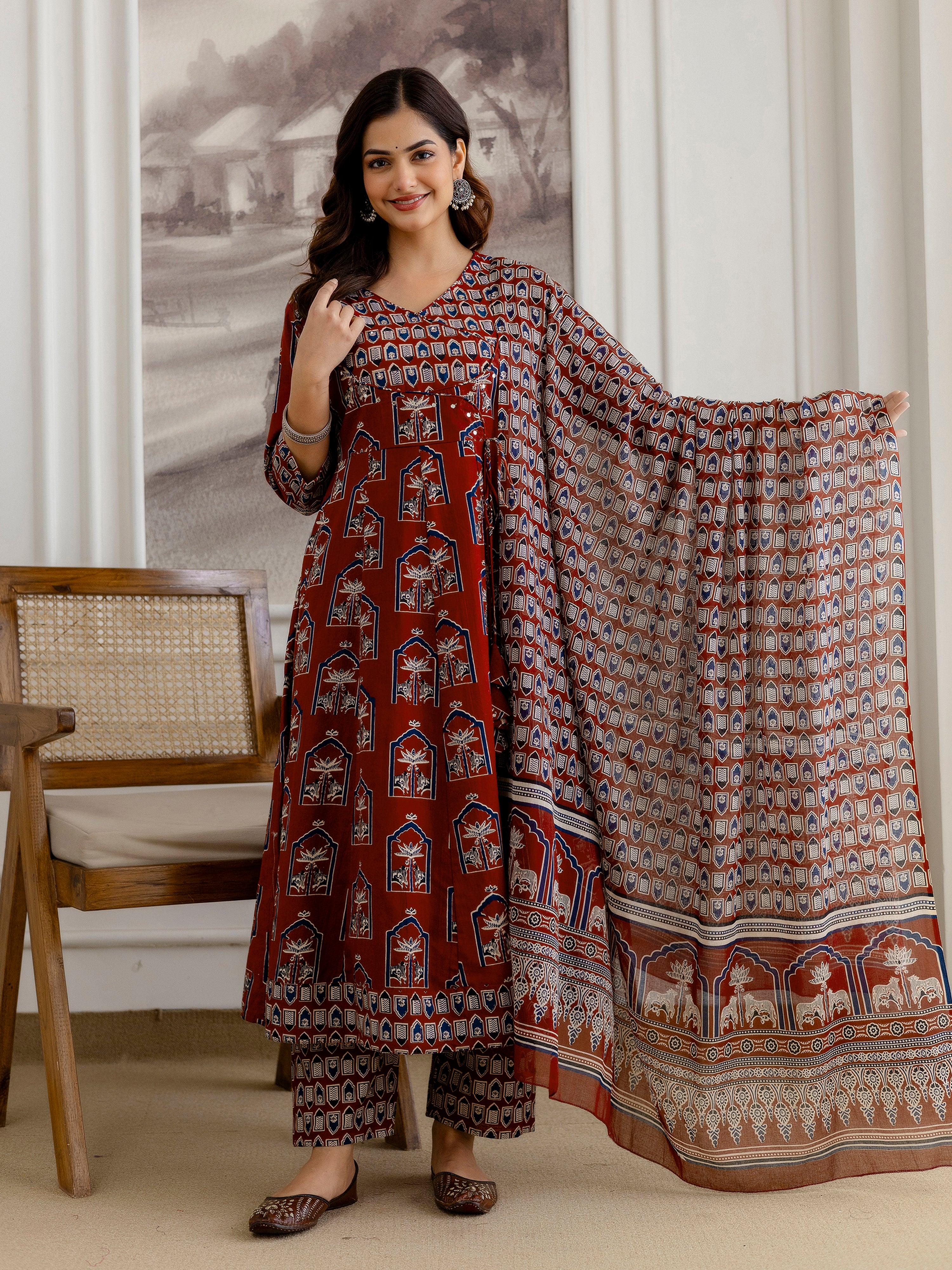 Maroon Pure Cotton Ajrakh Block Print Paper Mirror Work Anarkali Kurta Pant with Dupatta Set For Women