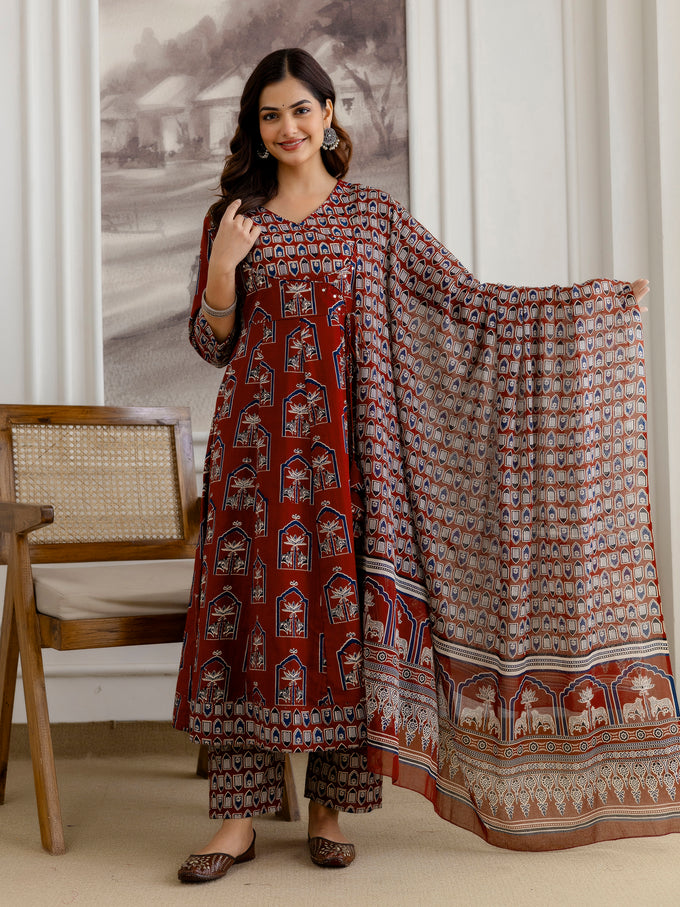 Maroon Pure Cotton Ajrakh Block Print Paper Mirror Work Anarkali Kurta Pant with Dupatta Set For Women