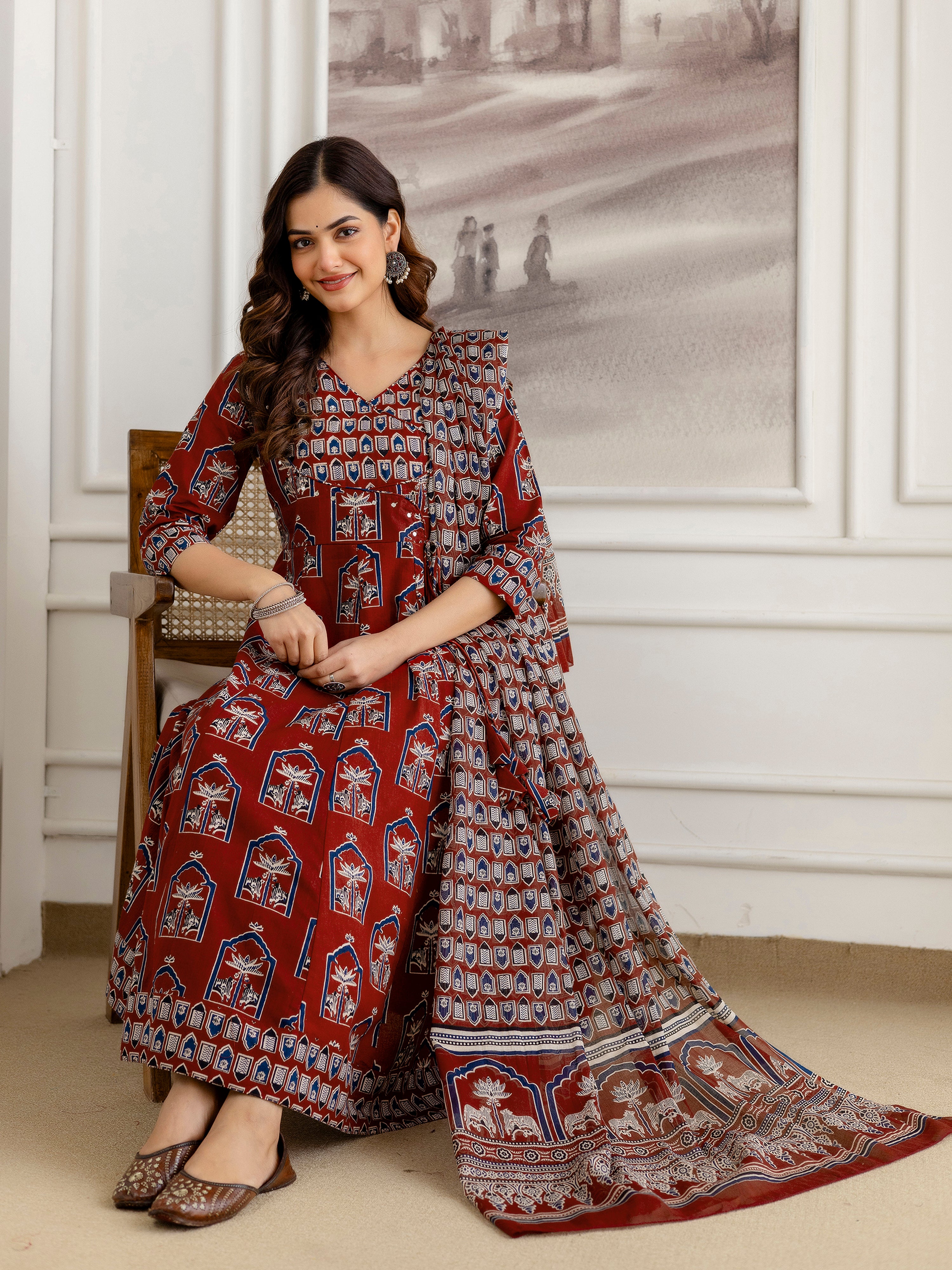 Maroon Pure Cotton Ajrakh Block Print Paper Mirror Work Anarkali Kurta Pant with Dupatta Set For Women