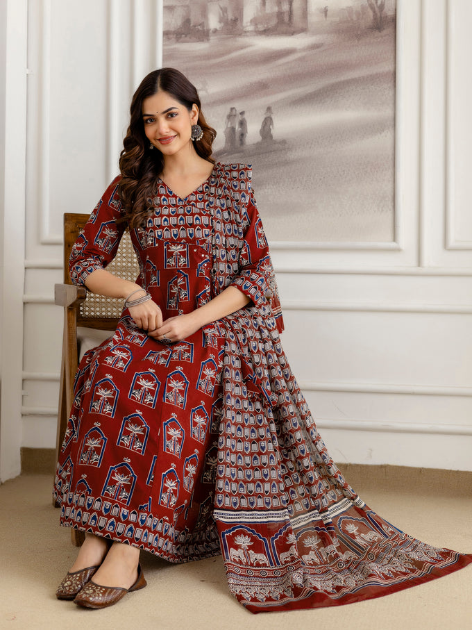 Maroon Pure Cotton Ajrakh Block Print Paper Mirror Work Anarkali Kurta Pant with Dupatta Set For Women