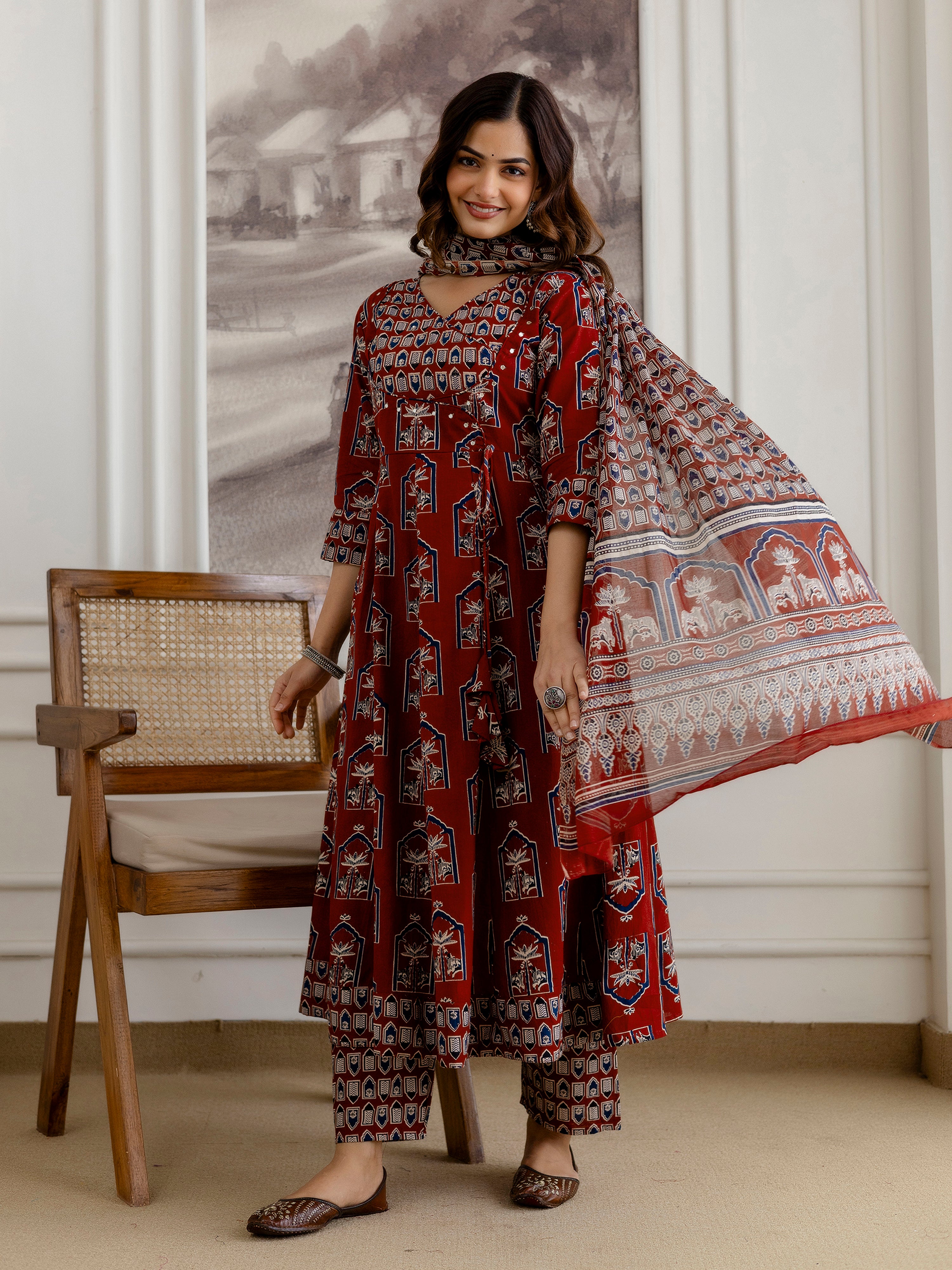 Maroon Pure Cotton Ajrakh Block Print Paper Mirror Work Anarkali Kurta Pant with Dupatta Set For Women