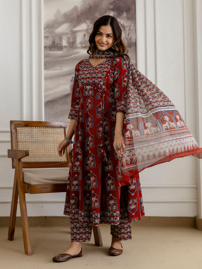 Maroon Pure Cotton Ajrakh Block Print Paper Mirror Work Anarkali Kurta Pant with Dupatta Set For Women