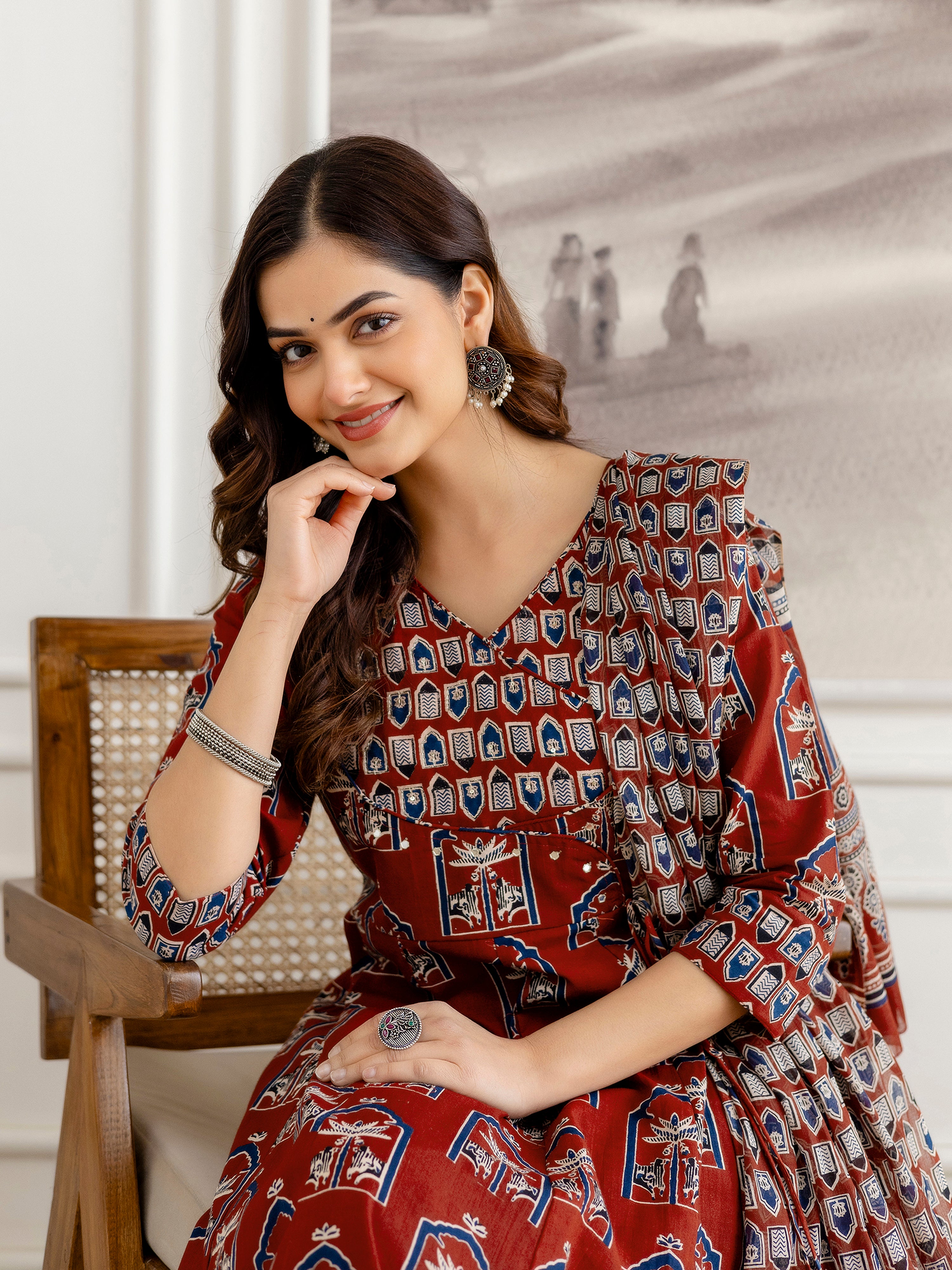Maroon Pure Cotton Ajrakh Block Print Paper Mirror Work Anarkali Kurta Pant with Dupatta Set For Women