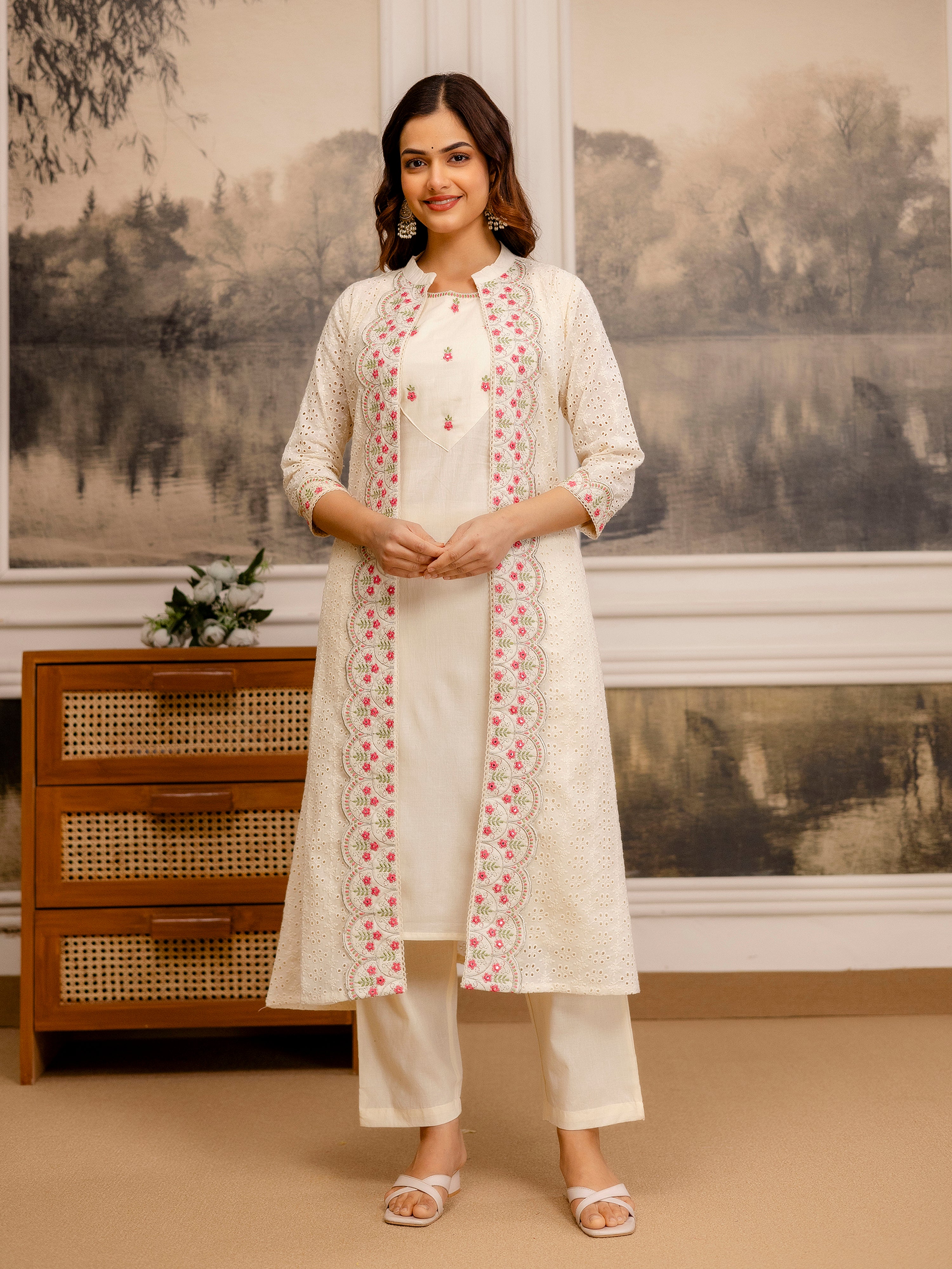 Offwhite Pure Cotton Embroidery Schiffli Work Kurta Pant with Shrug Set For Women