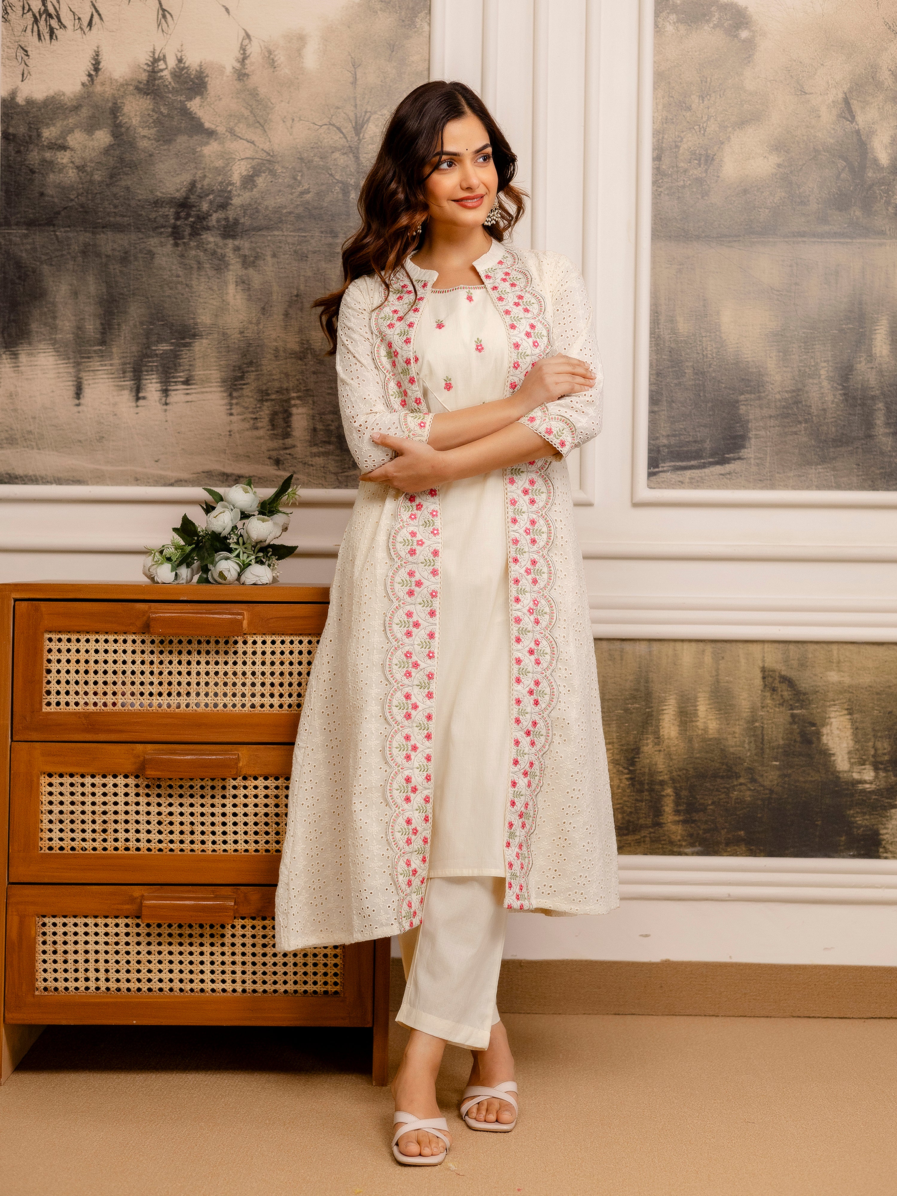 Offwhite Pure Cotton Embroidery Schiffli Work Kurta Pant with Shrug Set For Women