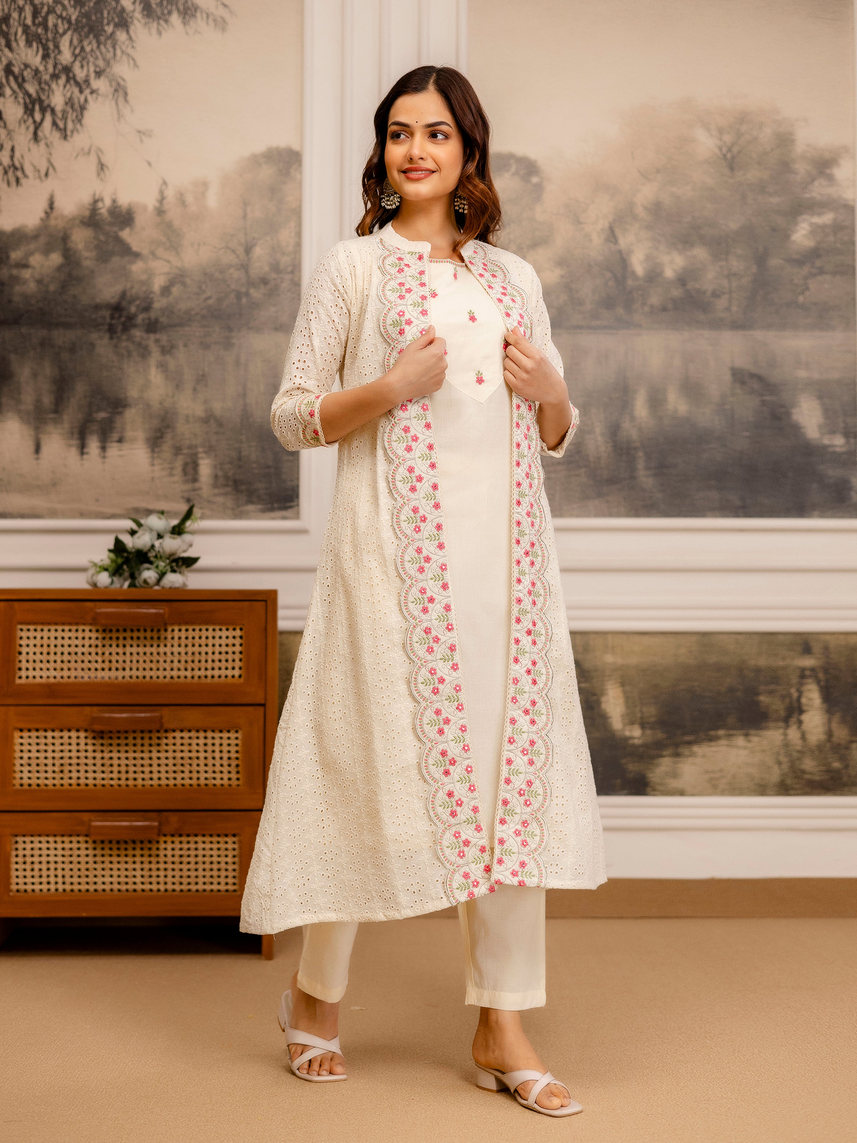 Offwhite Pure Cotton Embroidery Schiffli Work Kurta Pant with Shrug Set For Women