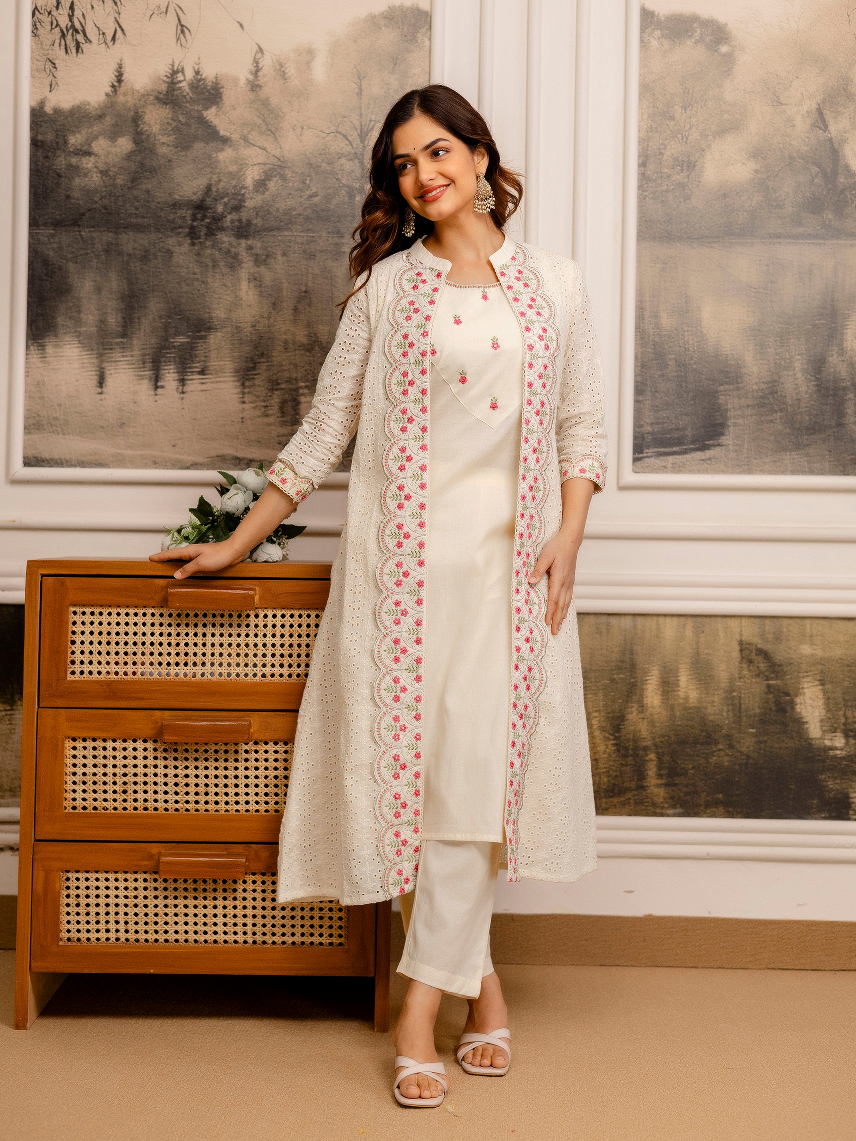 Offwhite Pure Cotton Embroidery Schiffli Work Kurta Pant with Shrug Set For Women