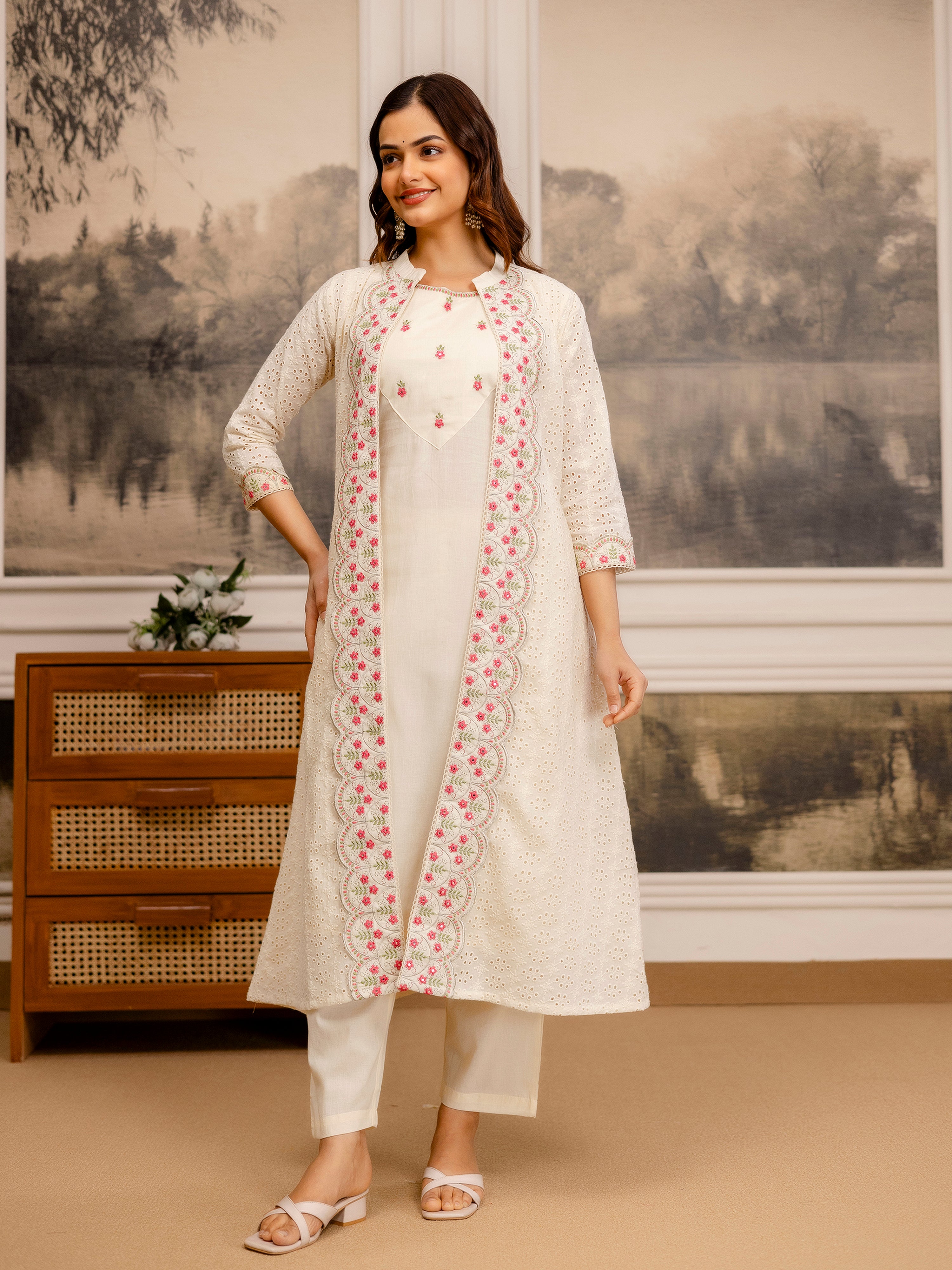Offwhite Pure Cotton Embroidery Schiffli Work Kurta Pant with Shrug Set For Women