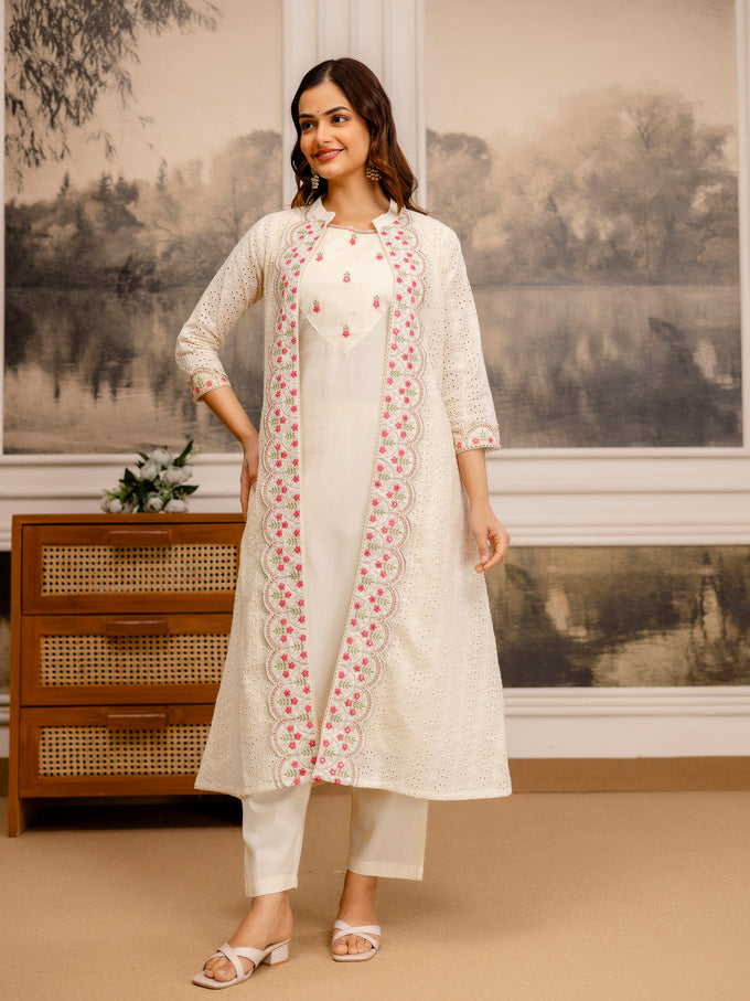 Offwhite Pure Cotton Embroidery Schiffli Work Kurta Pant with Shrug Set For Women