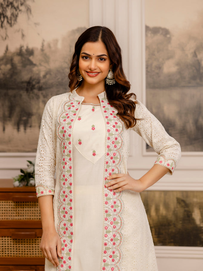 Offwhite Pure Cotton Embroidery Schiffli Work Kurta Pant with Shrug Set For Women