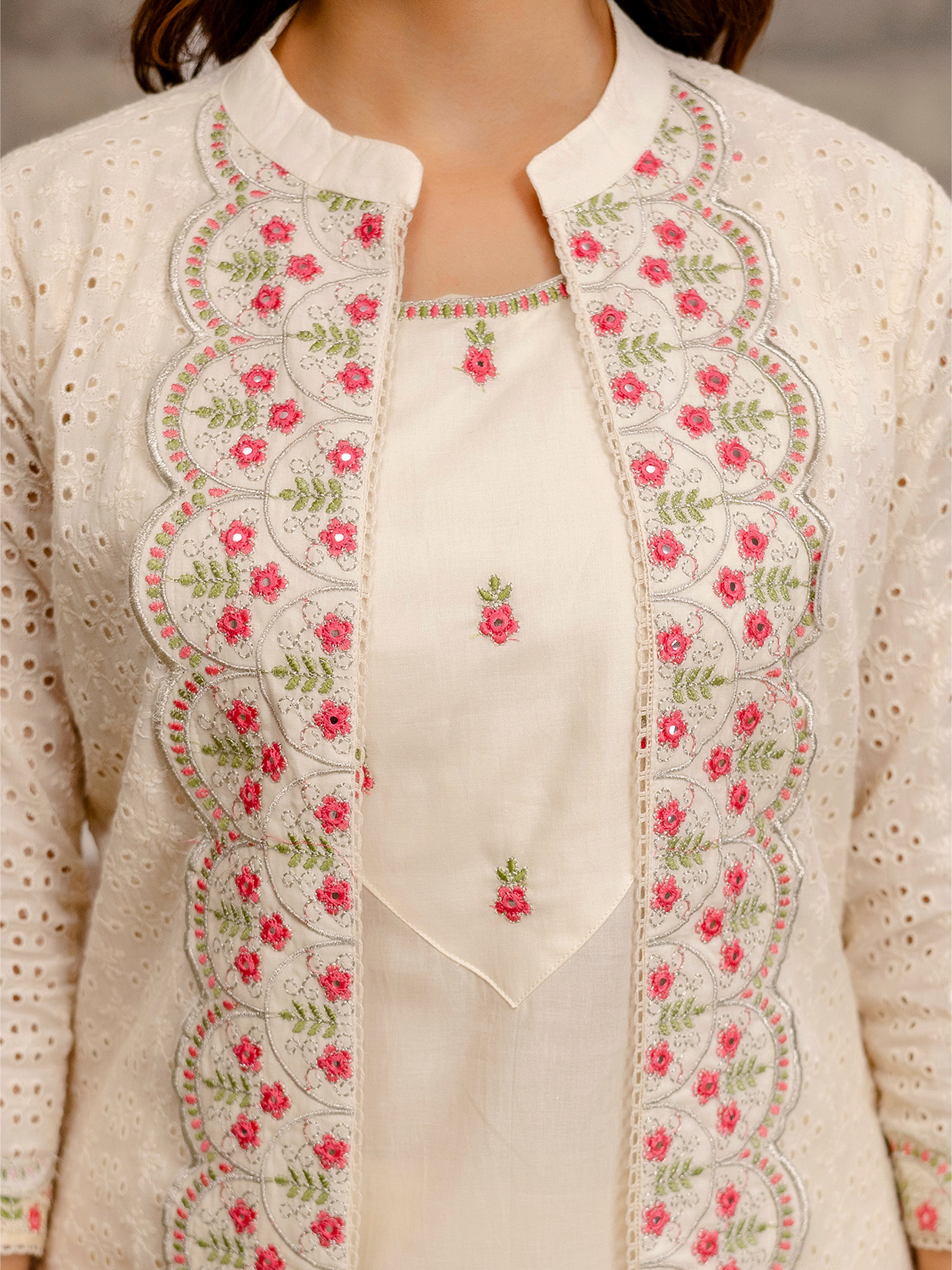 Offwhite Pure Cotton Embroidery Schiffli Work Kurta Pant with Shrug Set For Women