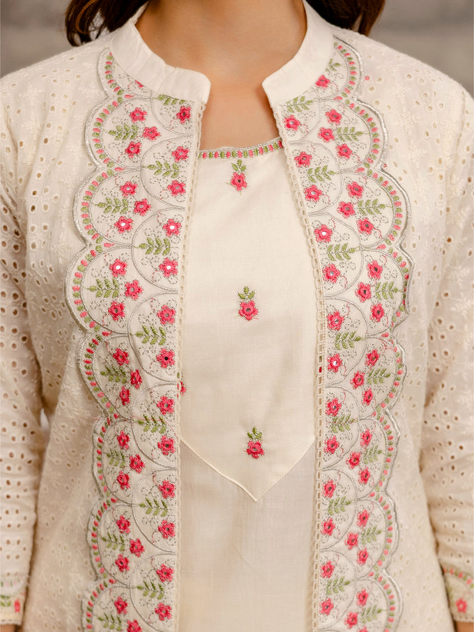 Offwhite Pure Cotton Embroidery Schiffli Work Kurta Pant with Shrug Set For Women