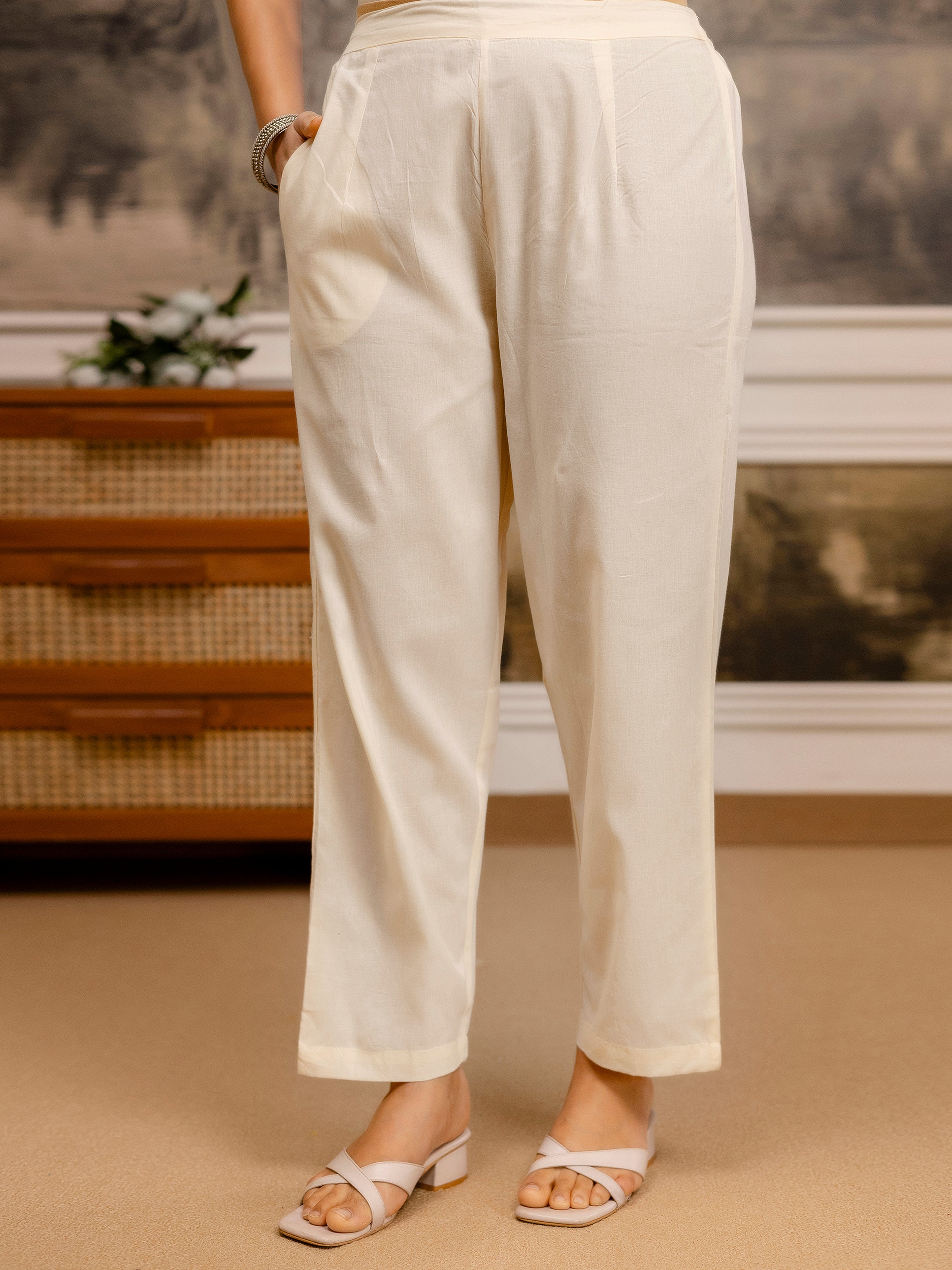 Offwhite Pure Cotton Embroidery Schiffli Work Kurta Pant with Shrug Set For Women