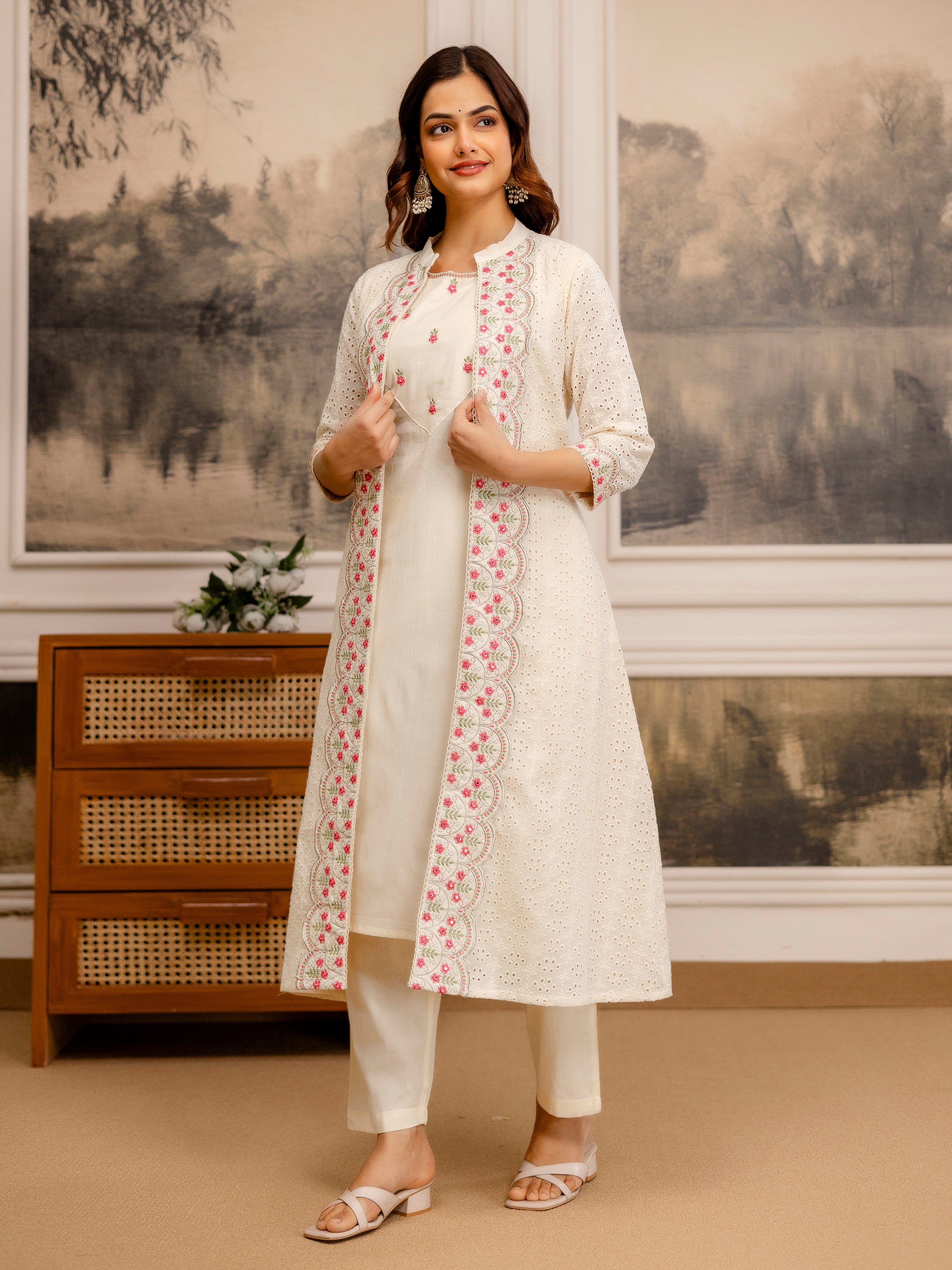 Offwhite Pure Cotton Embroidery Schiffli Work Kurta Pant with Shrug Set For Women