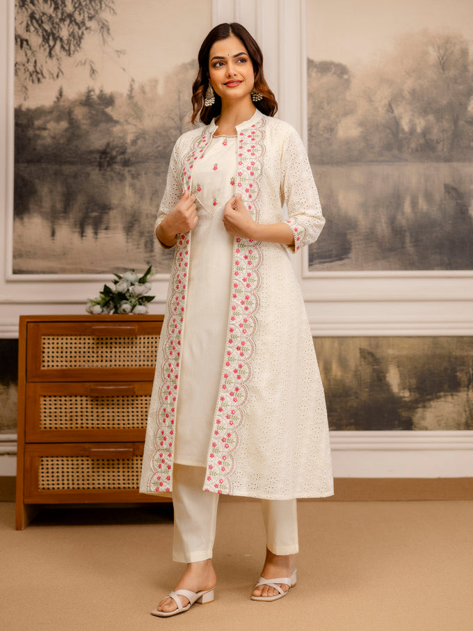 Offwhite Pure Cotton Embroidery Schiffli Work Kurta Pant with Shrug Set For Women