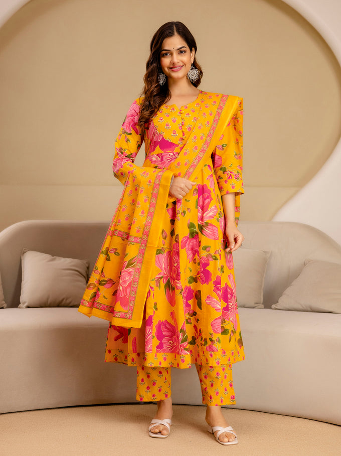 Orange Pure Cotton Floral Print Anarkali Kurta Pant with Dupatta Set | Beads Embroidery Neck Work Kurta Set Ethnic Wear