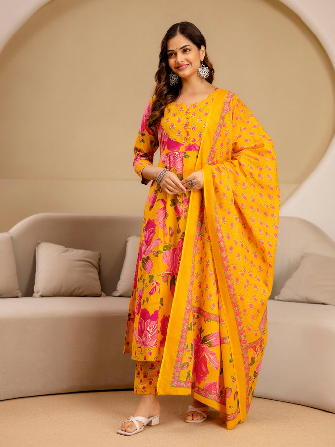 Orange Pure Cotton Floral Print Anarkali Kurta Pant with Dupatta Set | Beads Embroidery Neck Work Kurta Set Ethnic Wear