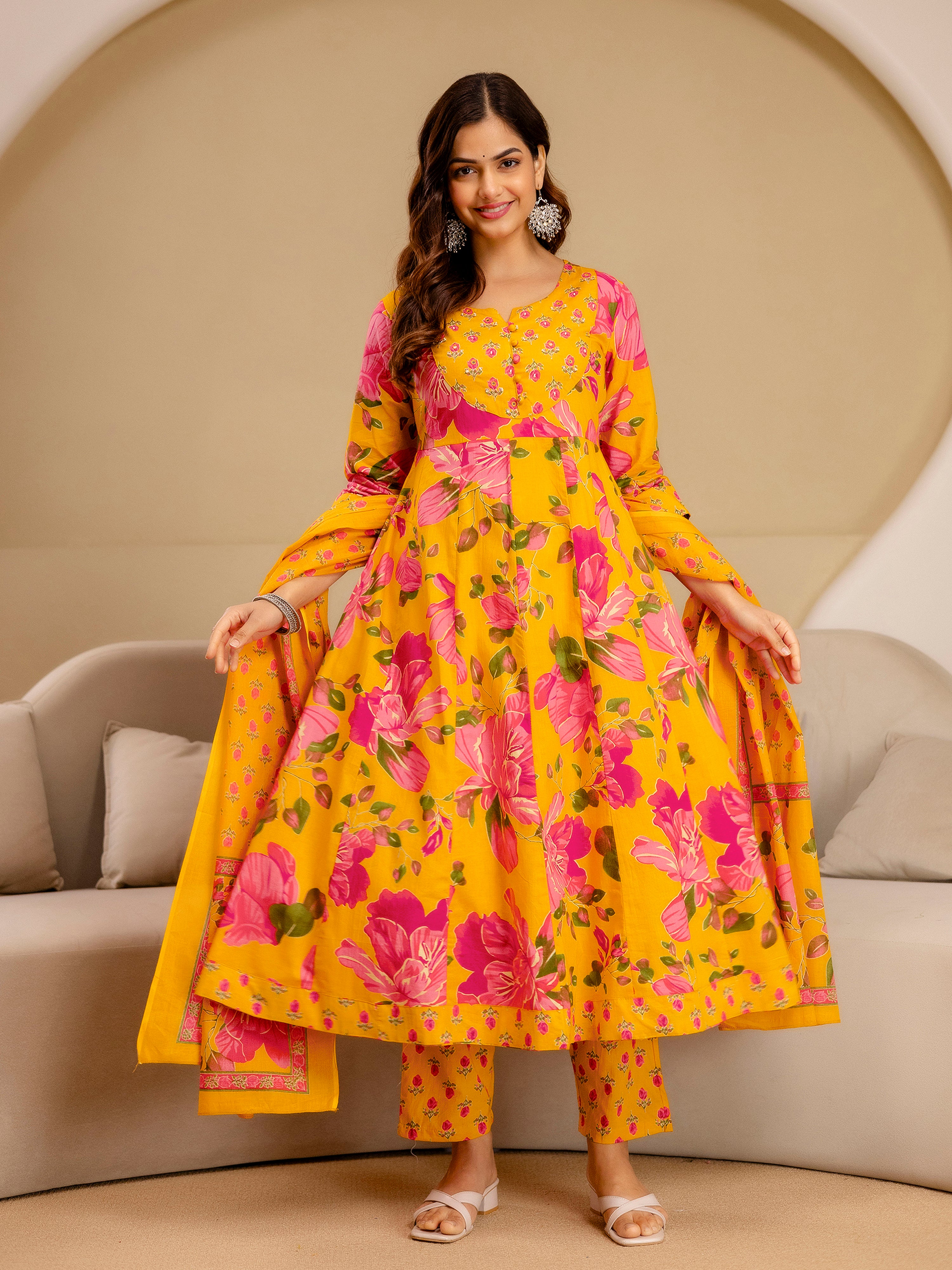 Orange Pure Cotton Floral Print Anarkali Kurta Pant with Dupatta Set | Beads Embroidery Neck Work Kurta Set Ethnic Wear