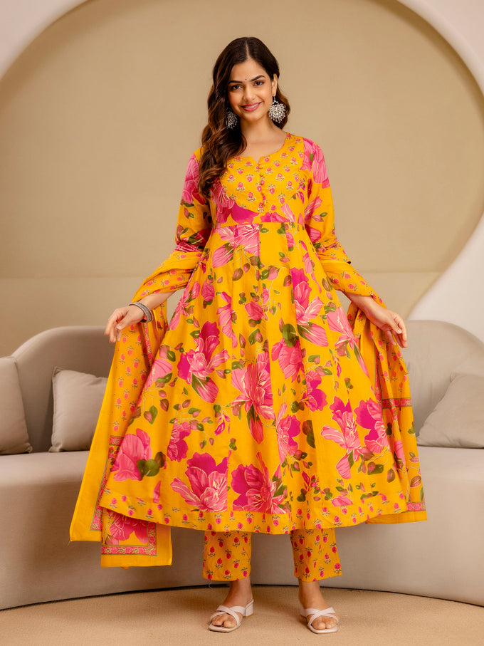 Orange Pure Cotton Floral Print Anarkali Kurta Pant with Dupatta Set | Beads Embroidery Neck Work Kurta Set Ethnic Wear