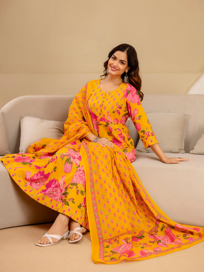 Orange Pure Cotton Floral Print Anarkali Kurta Pant with Dupatta Set | Beads Embroidery Neck Work Kurta Set Ethnic Wear
