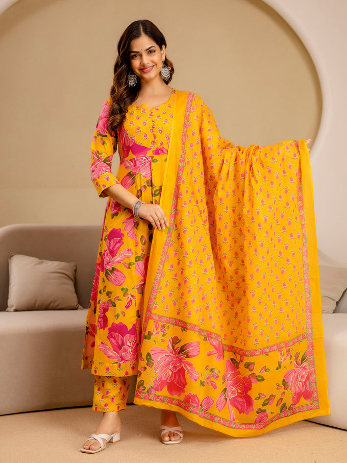 Orange Pure Cotton Floral Print Anarkali Kurta Pant with Dupatta Set | Beads Embroidery Neck Work Kurta Set Ethnic Wear