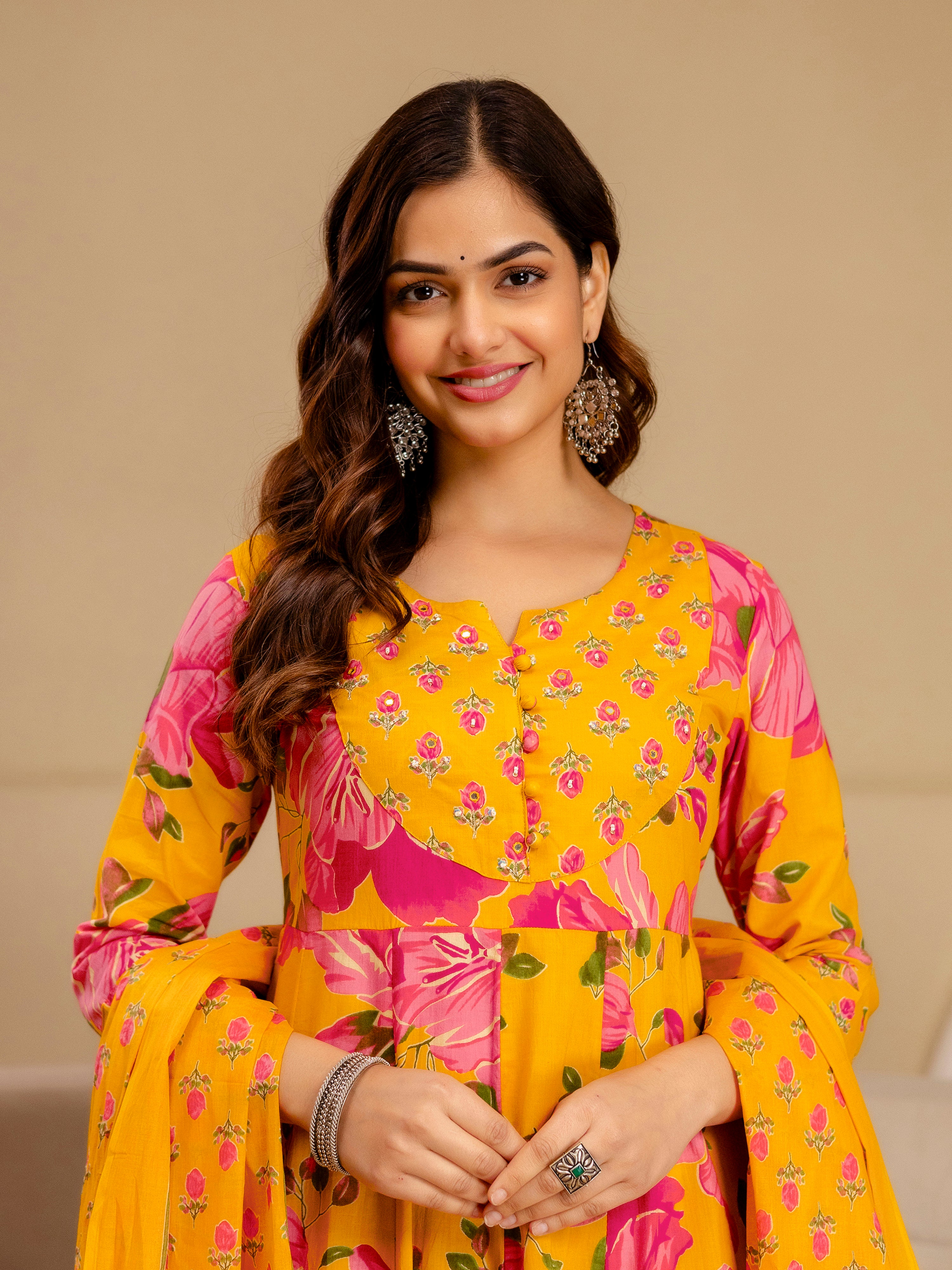 Orange Pure Cotton Floral Print Anarkali Kurta Pant with Dupatta Set | Beads Embroidery Neck Work Kurta Set Ethnic Wear