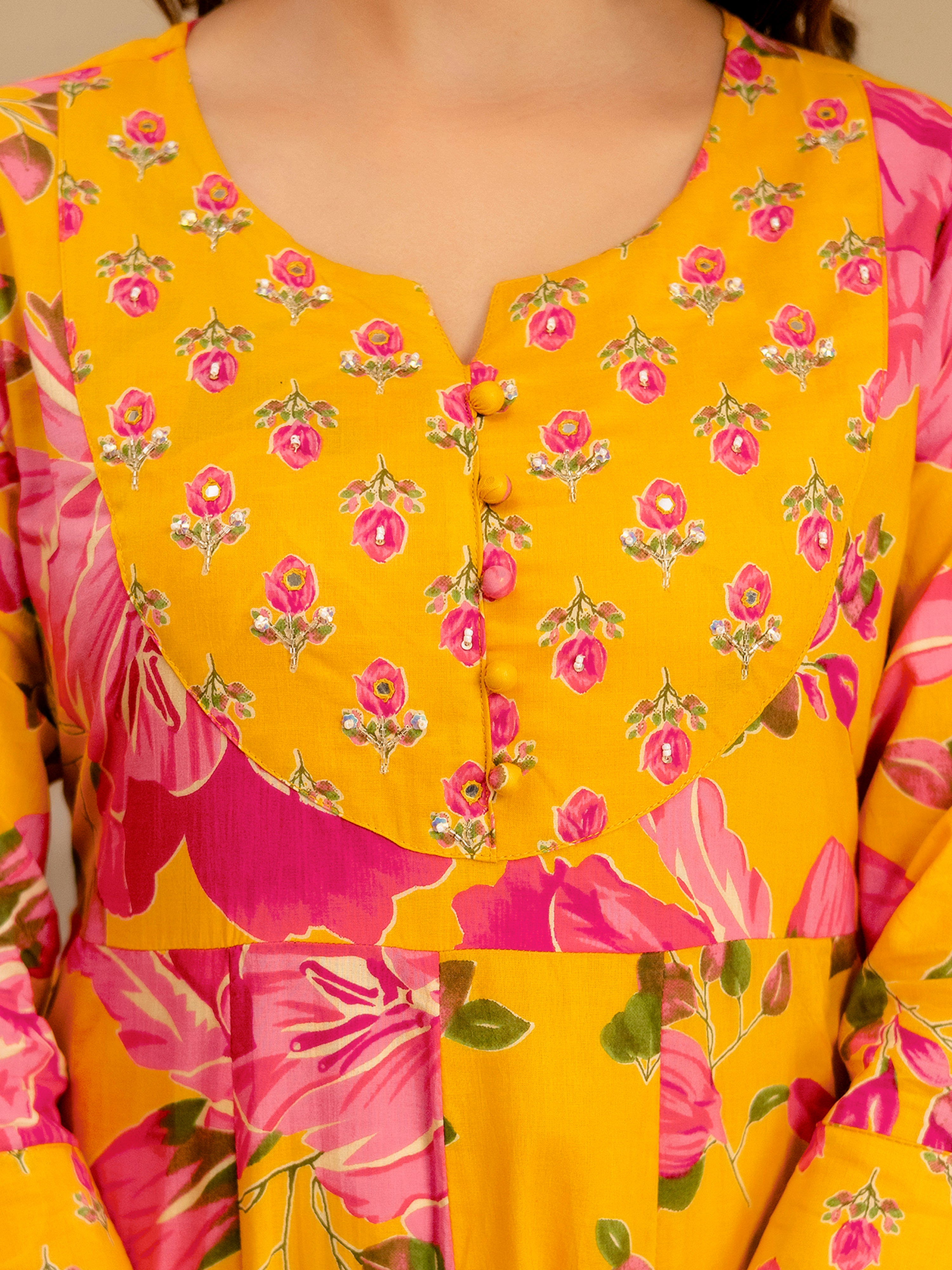 Orange Pure Cotton Floral Print Anarkali Kurta Pant with Dupatta Set | Beads Embroidery Neck Work Kurta Set Ethnic Wear