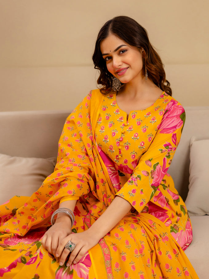 Orange Pure Cotton Floral Print Anarkali Kurta Pant with Dupatta Set | Beads Embroidery Neck Work Kurta Set Ethnic Wear