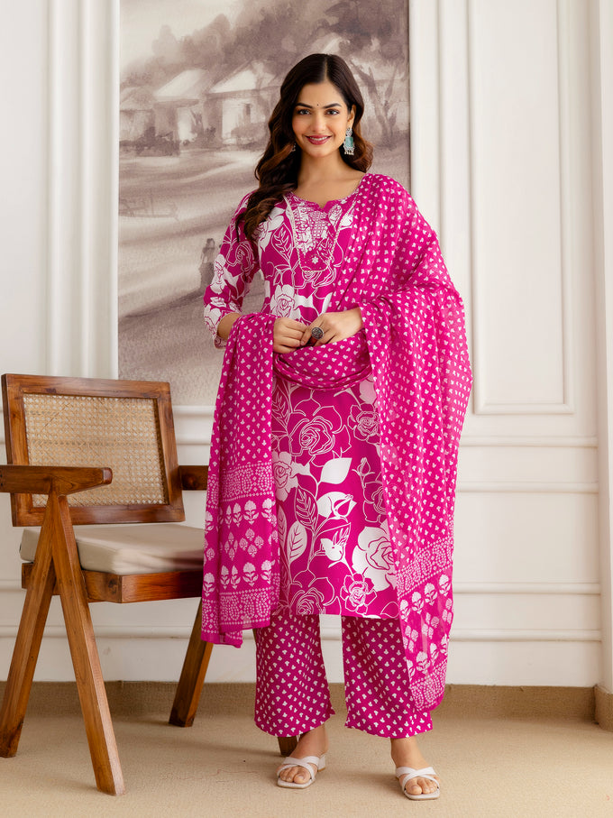 Pink Pure Cotton Floral Print Kurta Pant with Dupatta Set | Embroidery Neck Work Kurta Set Ethnic Wear