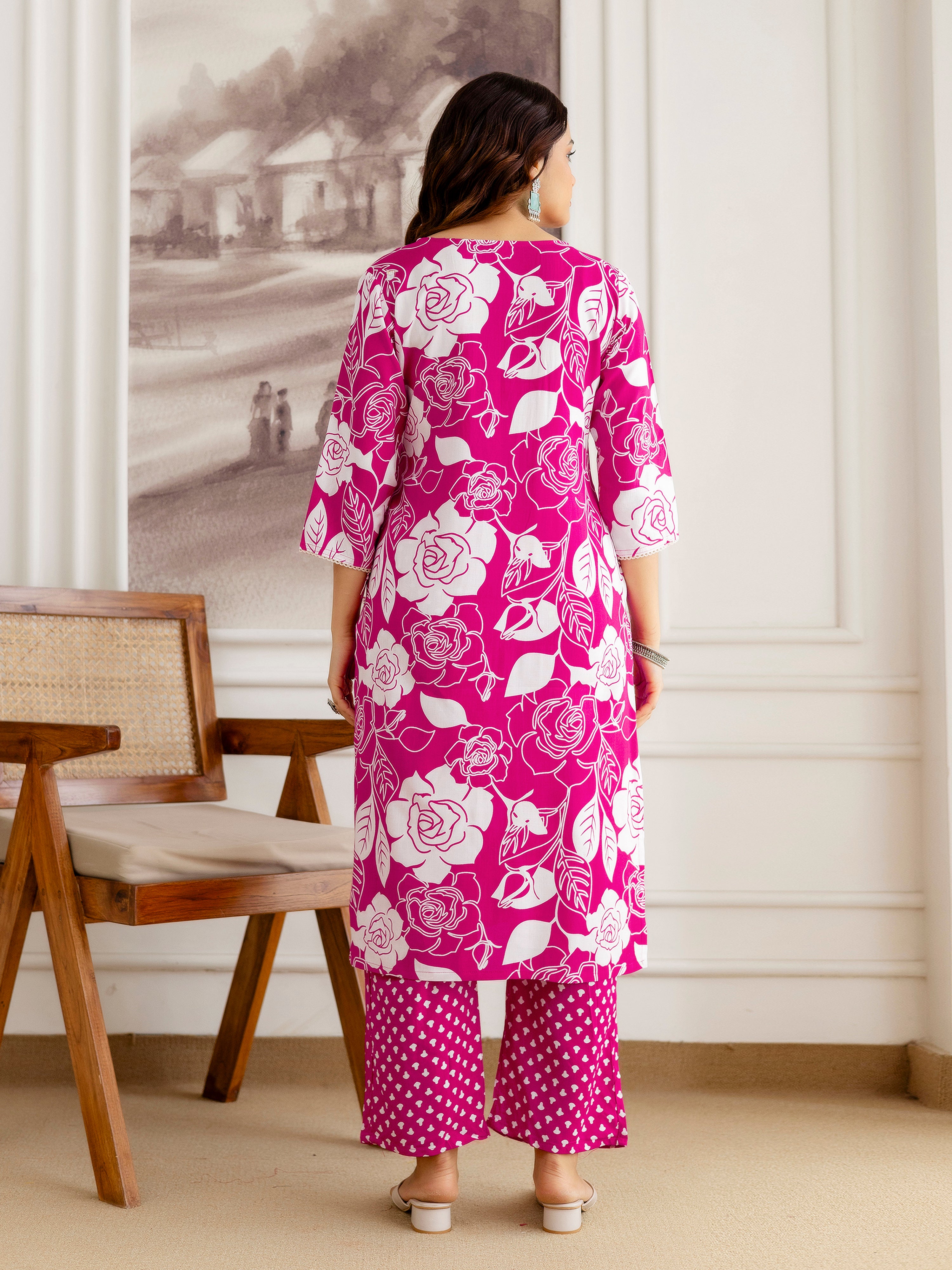 Pink Pure Cotton Floral Print Kurta Pant with Dupatta Set | Embroidery Neck Work Kurta Set Ethnic Wear