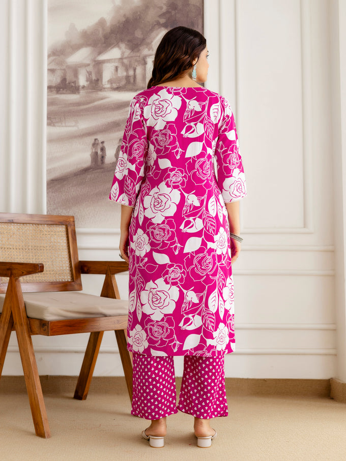 Pink Pure Cotton Floral Print Kurta Pant with Dupatta Set | Embroidery Neck Work Kurta Set Ethnic Wear