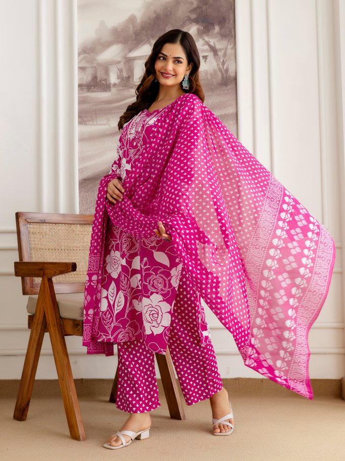 Pink Pure Cotton Floral Print Kurta Pant with Dupatta Set | Embroidery Neck Work Kurta Set Ethnic Wear