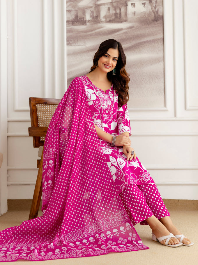 Pink Pure Cotton Floral Print Kurta Pant with Dupatta Set | Embroidery Neck Work Kurta Set Ethnic Wear