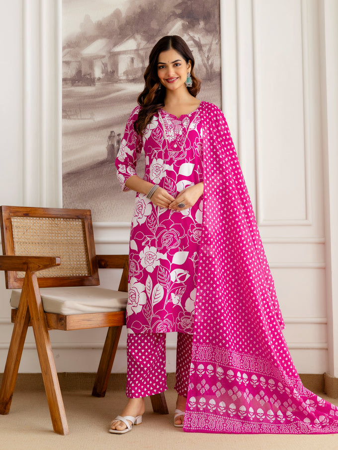 Pink Pure Cotton Floral Print Kurta Pant with Dupatta Set | Embroidery Neck Work Kurta Set Ethnic Wear