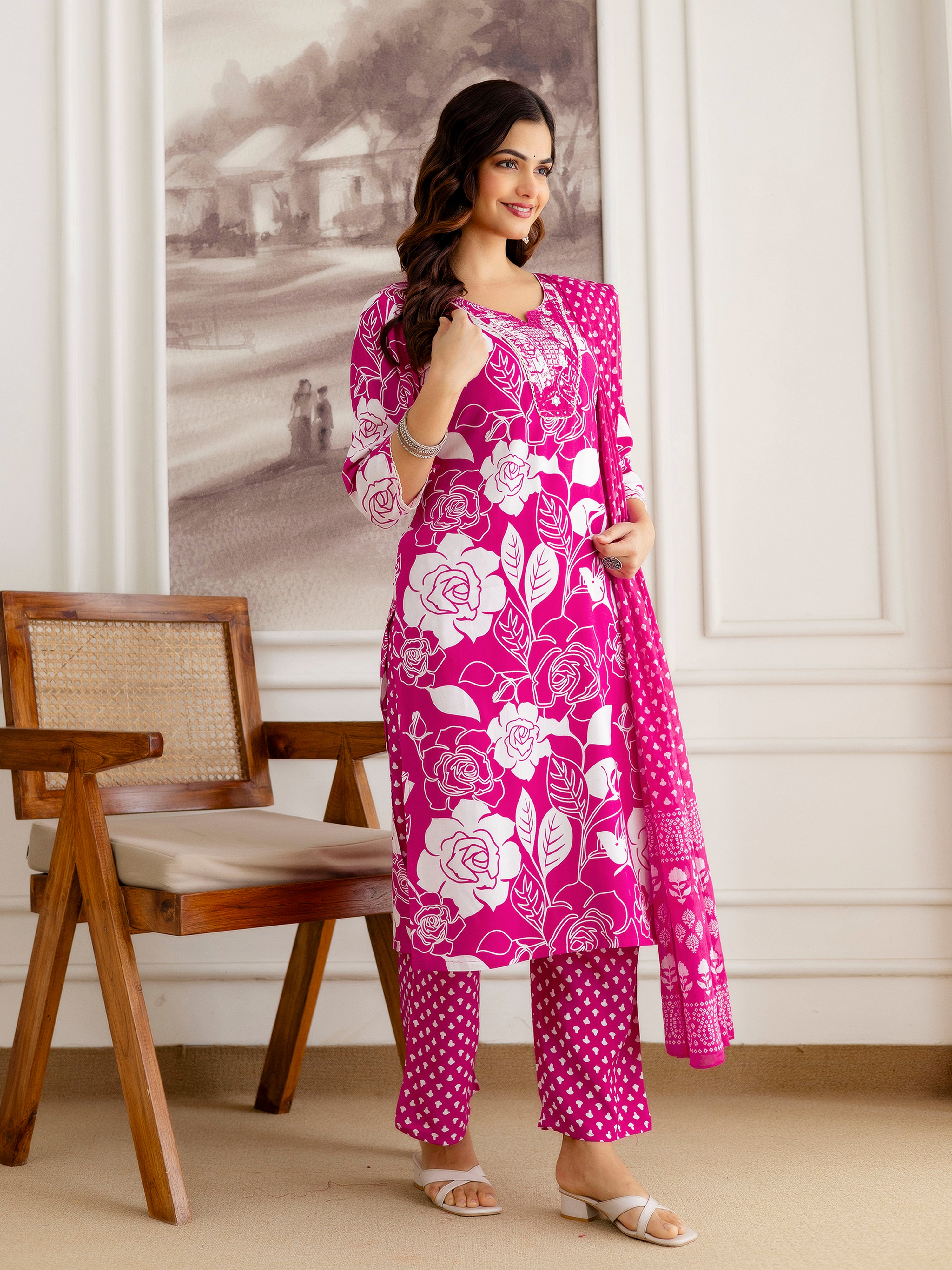 Pink Pure Cotton Floral Print Kurta Pant with Dupatta Set | Embroidery Neck Work Kurta Set Ethnic Wear