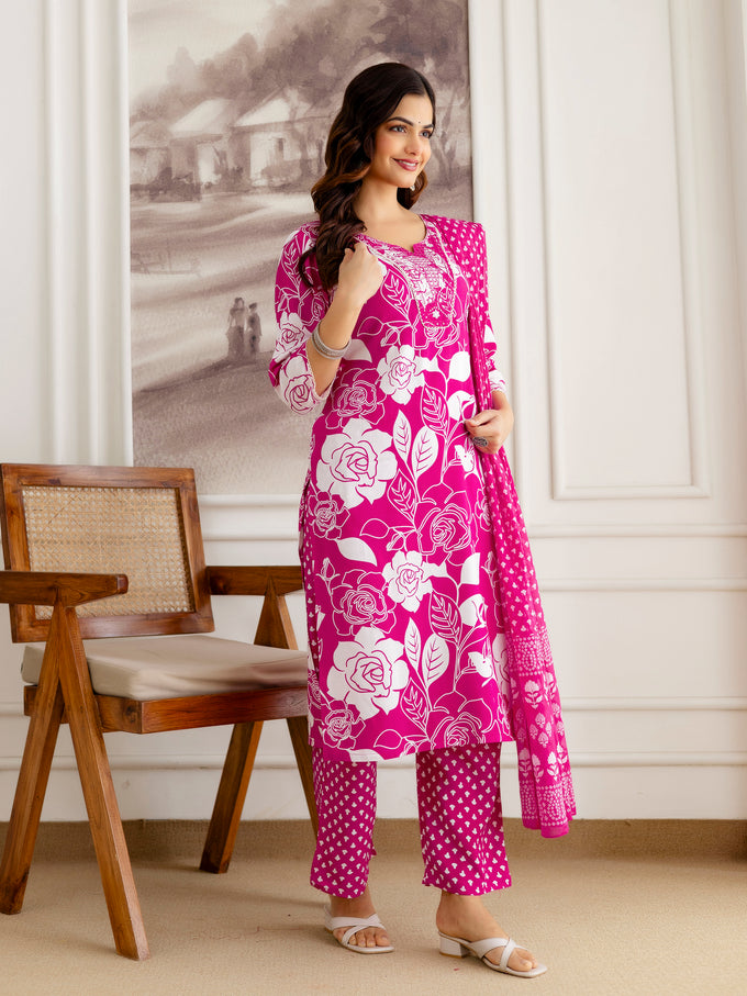 Pink Pure Cotton Floral Print Kurta Pant with Dupatta Set | Embroidery Neck Work Kurta Set Ethnic Wear