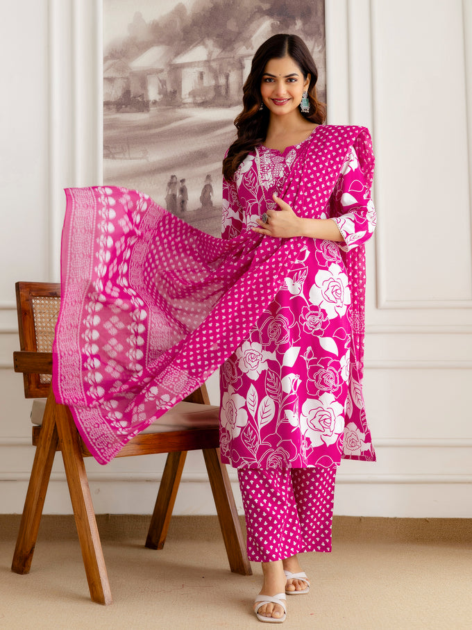 Pink Pure Cotton Floral Print Kurta Pant with Dupatta Set | Embroidery Neck Work Kurta Set Ethnic Wear