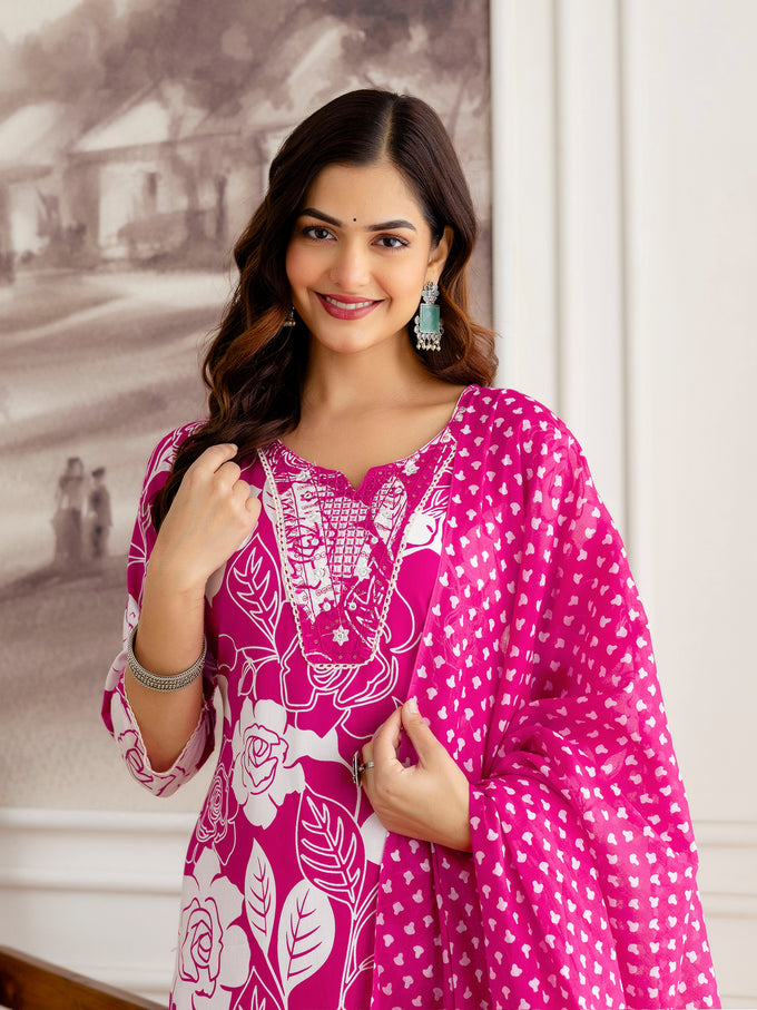 Pink Pure Cotton Floral Print Kurta Pant with Dupatta Set | Embroidery Neck Work Kurta Set Ethnic Wear