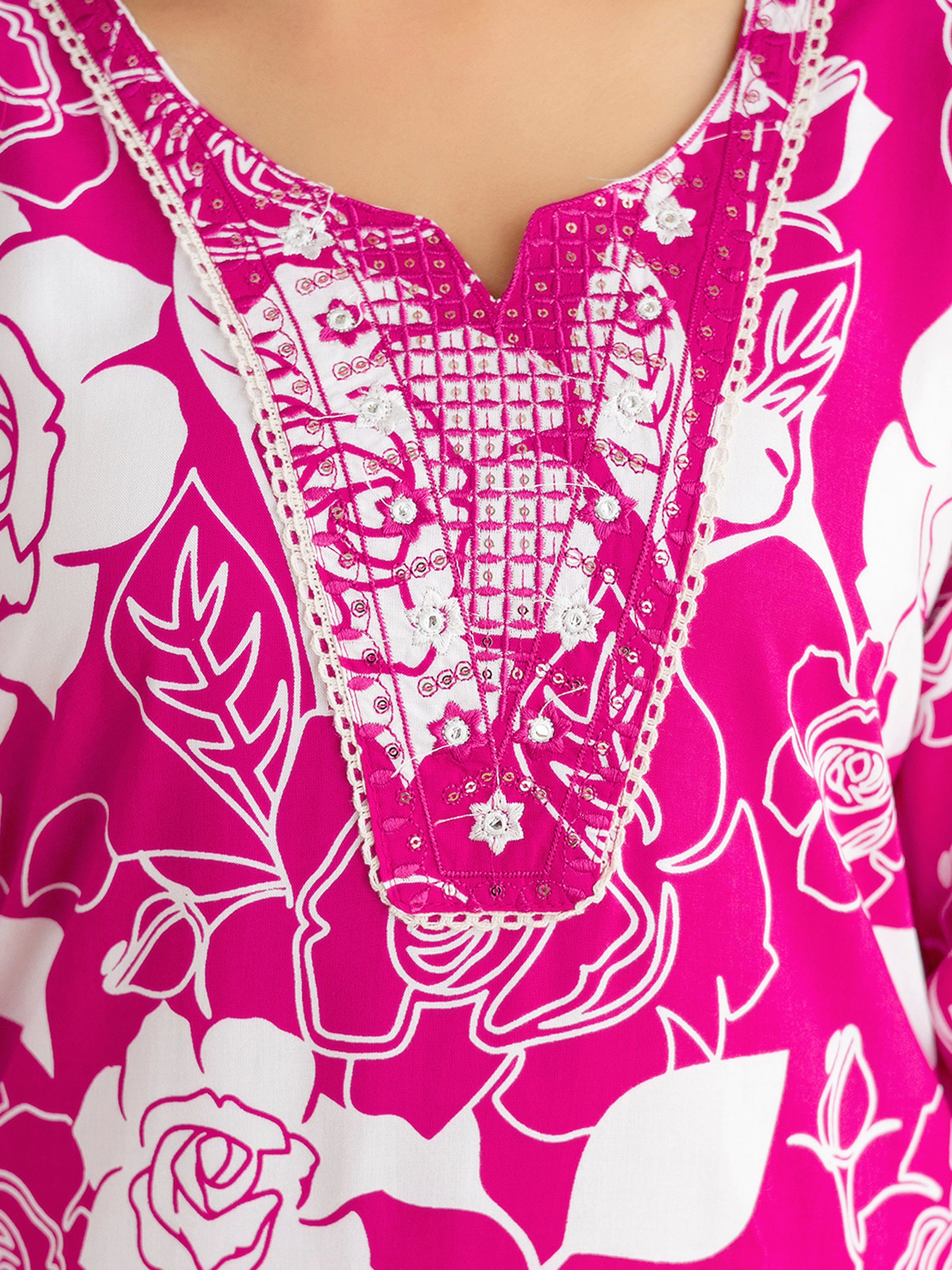 Pink Pure Cotton Floral Print Kurta Pant with Dupatta Set | Embroidery Neck Work Kurta Set Ethnic Wear