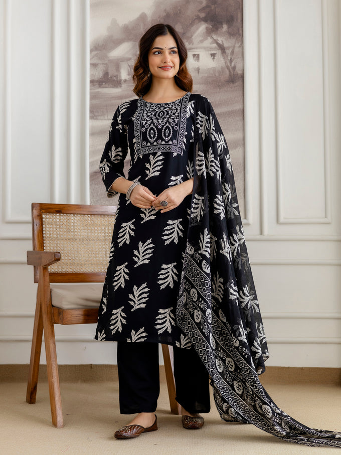 Black Pure Cotton Leaf Print Kurta Pant with Dupatta Set | Embroidery Neck Work Kurta Set Ethnic Wear