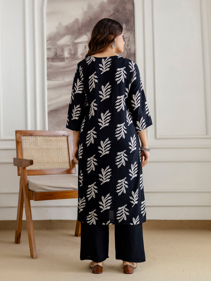 Black Pure Cotton Leaf Print Kurta Pant with Dupatta Set | Embroidery Neck Work Kurta Set Ethnic Wear