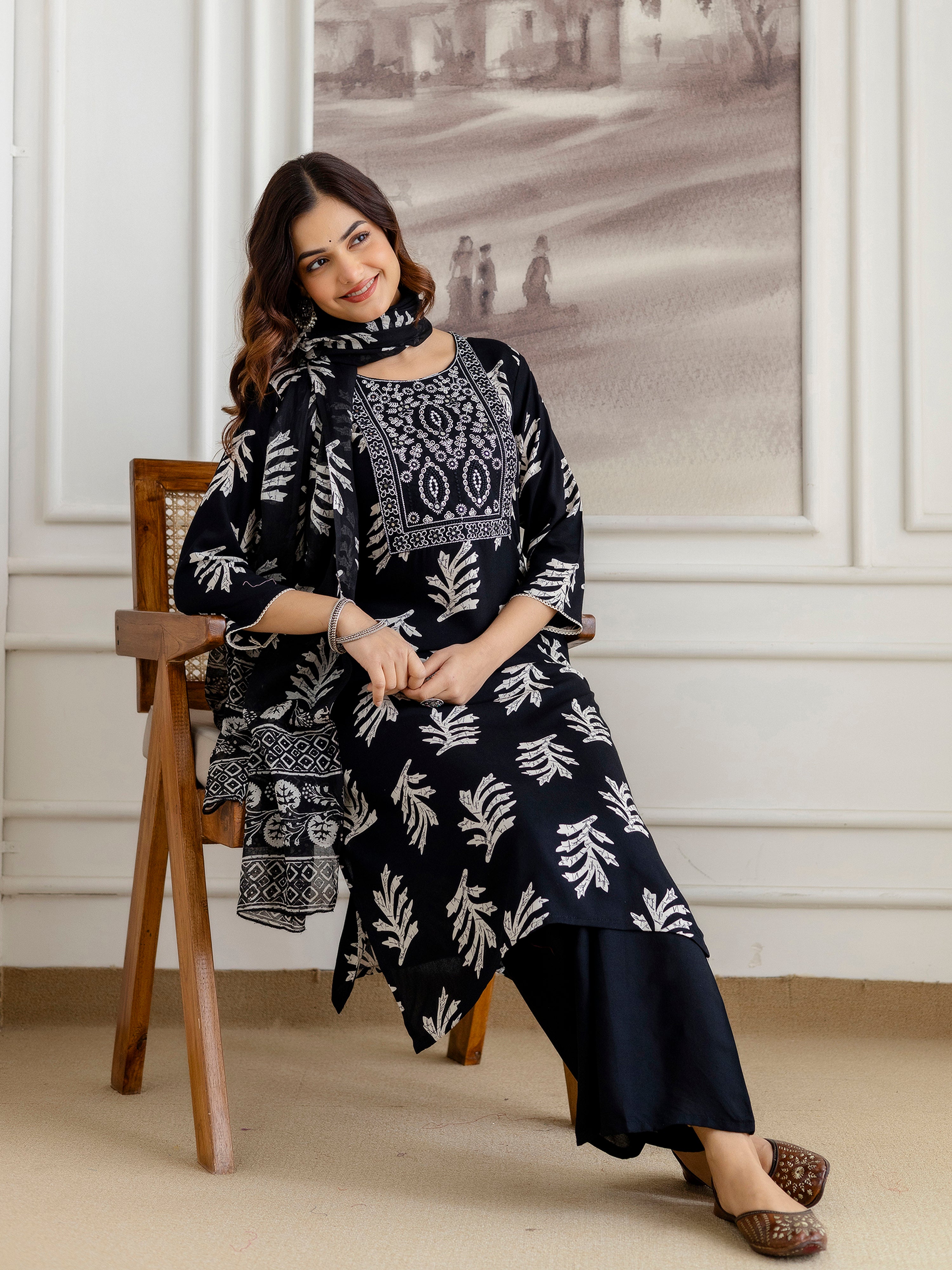 Black Pure Cotton Leaf Print Kurta Pant with Dupatta Set | Embroidery Neck Work Kurta Set Ethnic Wear