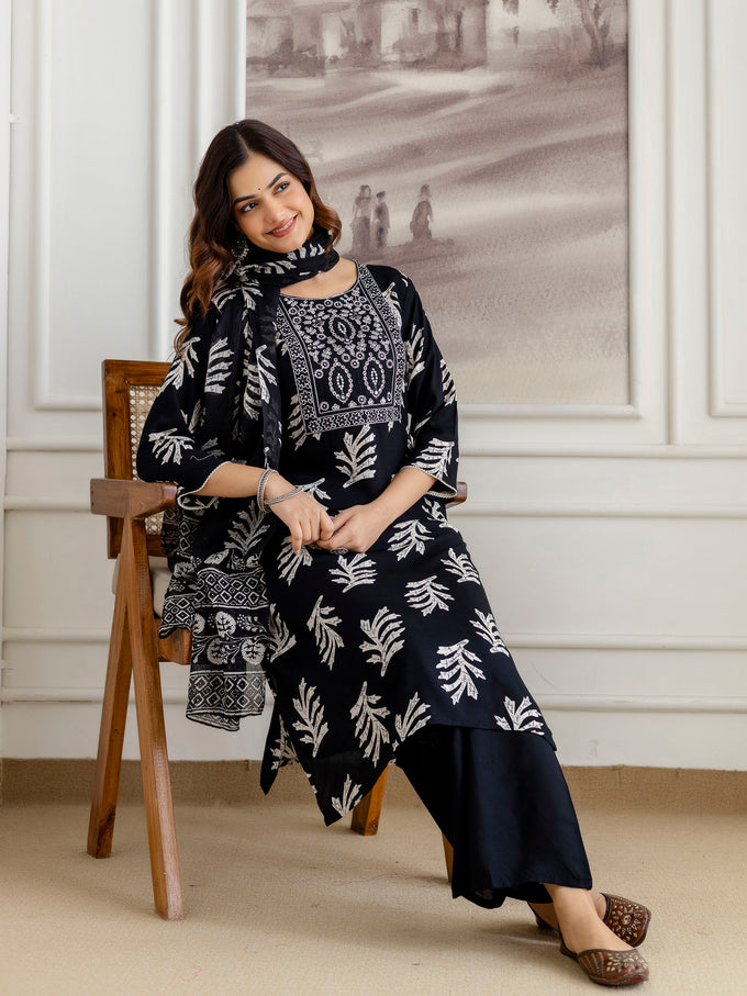 Black Pure Cotton Leaf Print Kurta Pant with Dupatta Set | Embroidery Neck Work Kurta Set Ethnic Wear