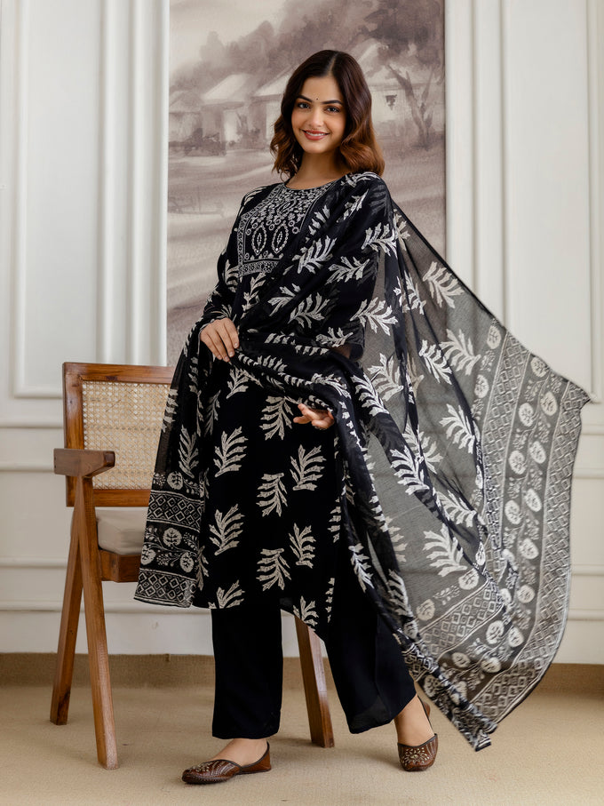 Black Pure Cotton Leaf Print Kurta Pant with Dupatta Set | Embroidery Neck Work Kurta Set Ethnic Wear