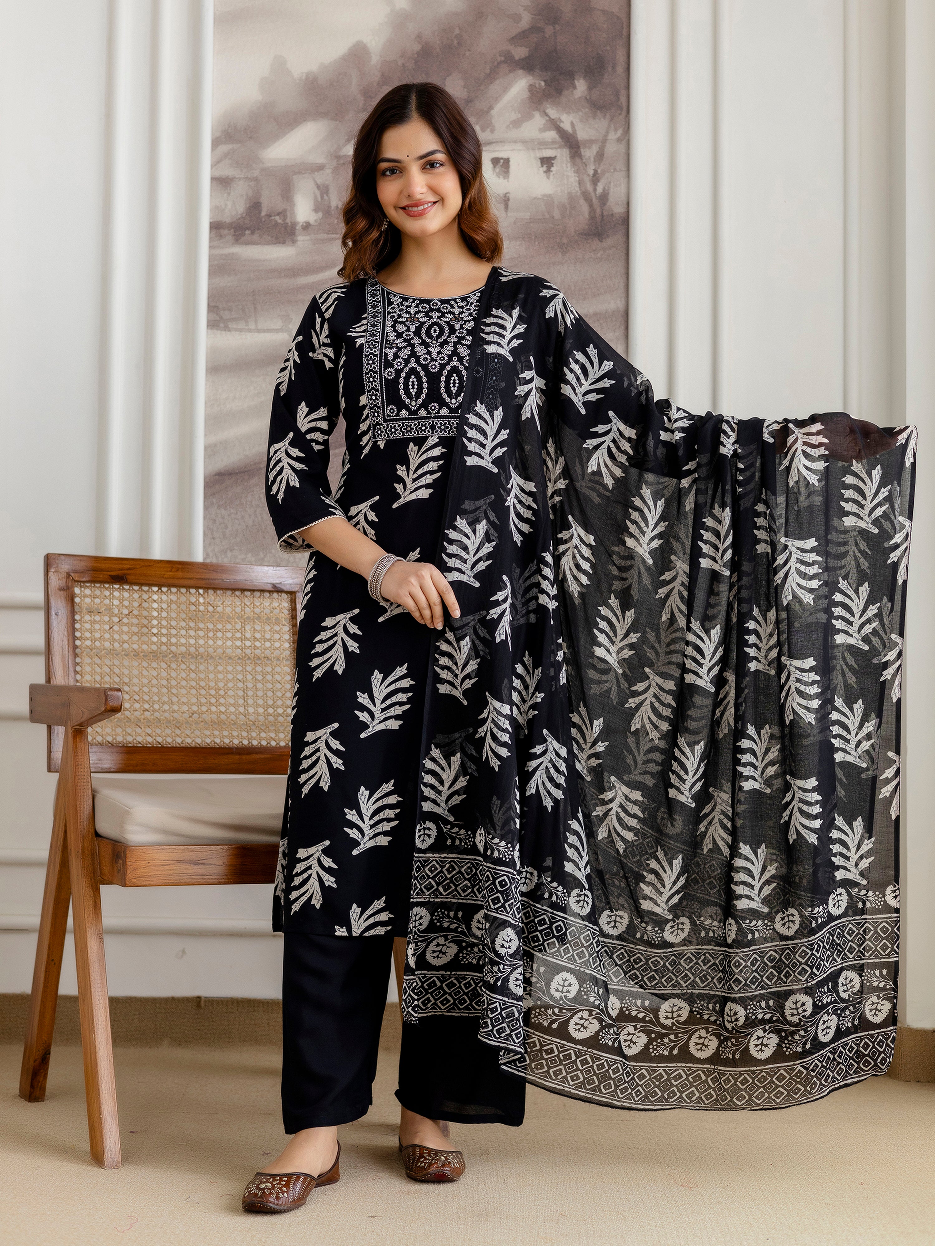 Black Pure Cotton Leaf Print Kurta Pant with Dupatta Set | Embroidery Neck Work Kurta Set Ethnic Wear