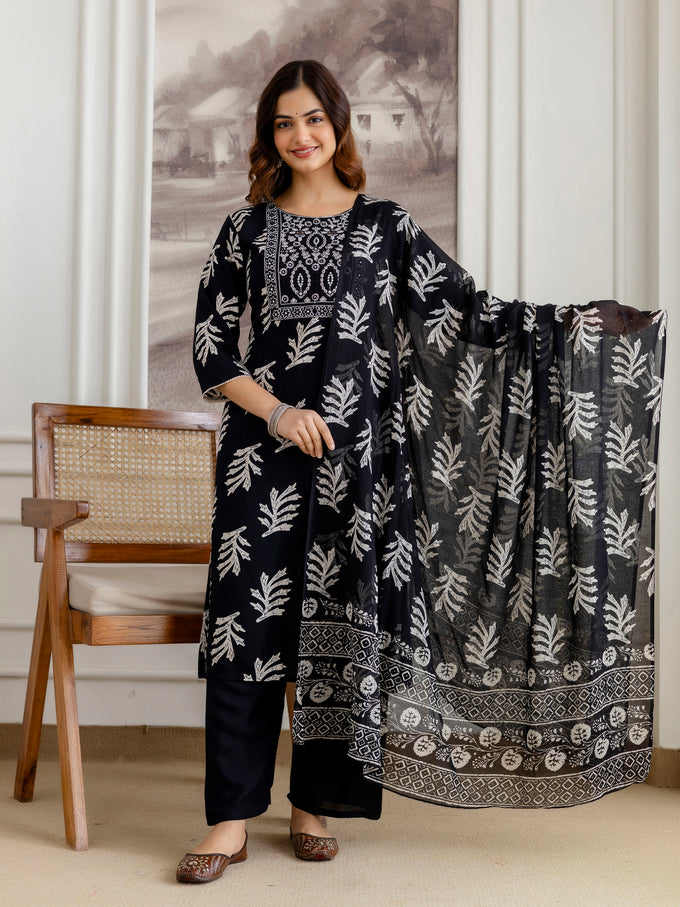 Black Pure Cotton Leaf Print Kurta Pant with Dupatta Set | Embroidery Neck Work Kurta Set Ethnic Wear