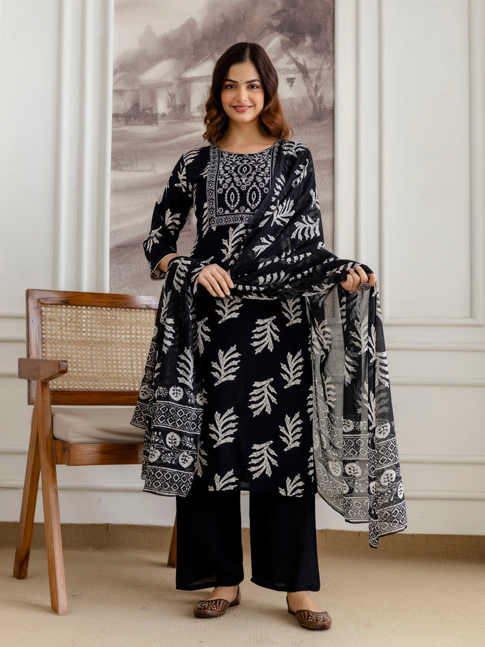 Black Pure Cotton Leaf Print Kurta Pant with Dupatta Set | Embroidery Neck Work Kurta Set Ethnic Wear