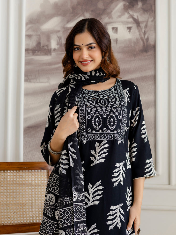 Black Pure Cotton Leaf Print Kurta Pant with Dupatta Set | Embroidery Neck Work Kurta Set Ethnic Wear